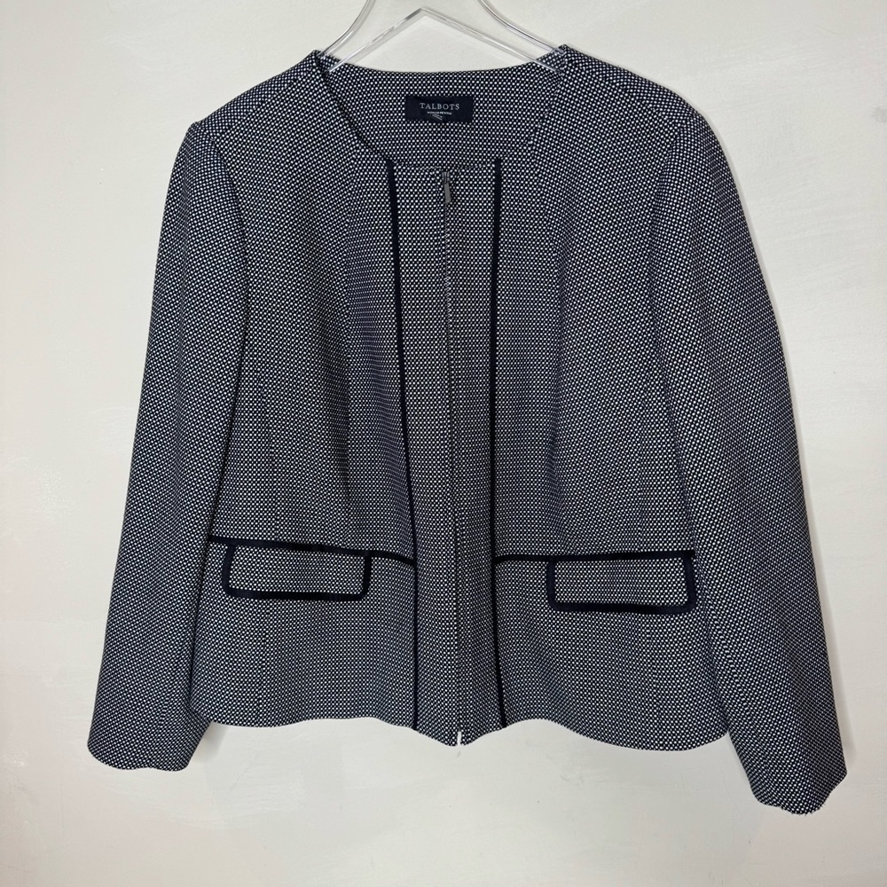 Talbots Womens Plus Size 16 WP Black White Lined Zip-Up Blazer